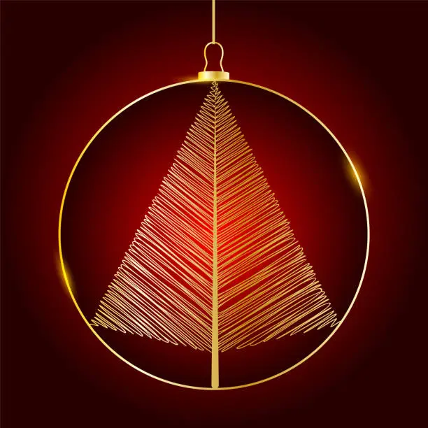 Vector illustration of Golden Christmas ball on red background with abstract Christmas tree and glowing lights. Scribble style.