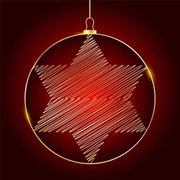 Vector illustration of Golden Christmas ball on red background. Christmas decoration with abstract Christmas star and glowing lights. Scribble style.