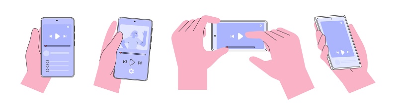 Hands holding mobile phones set. Fingers touching, tapping, scrolling smartphone screens, using applications. People handling with cellphones, open and watch video, stories. Vector illustrations.