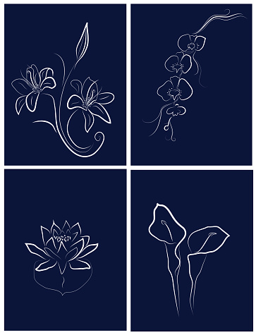 White colored line draw illustration of four flowers on a blue banner backgrounds A4 page format