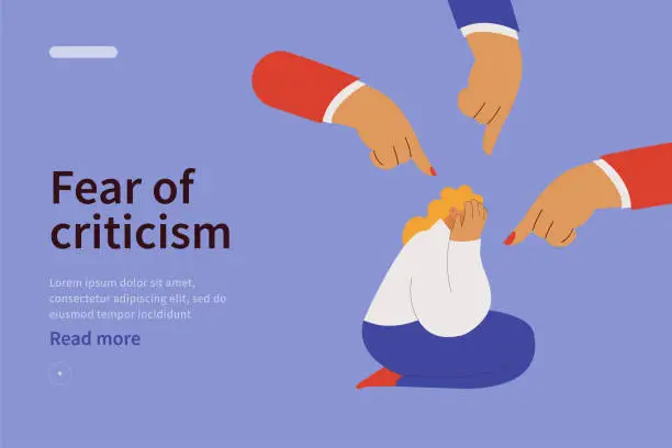 Vector illustration of Fear of criticism website concept . The depressed woman is surrounded by mocking gestures. Anxious about other people judging, evaluating, blaming. Modern flat vector illustration.