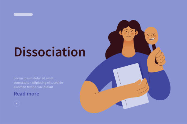 Dissociative identity disorder website concept. Woman feels like a pretender, deceiver hides her face under a mask. Modern flat vector illustration Young woman holding book in one hand and holding mask in other hand. Tragedy mask. Website template. dissociative identity disorder stock illustrations
