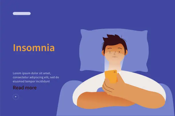 Vector illustration of Young man suffers from insomnia. Website concept. Male lying in bed, using and scrolling cellphone, can not relax. Modern vector illustration isolated on white background