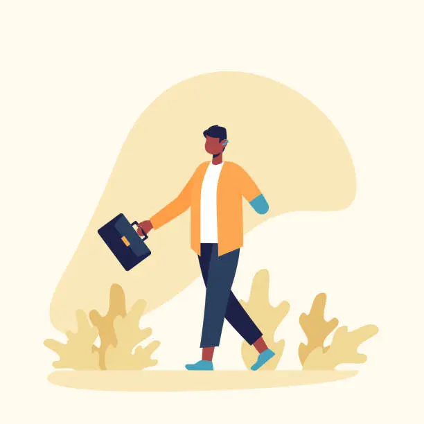 Vector illustration of American man without hand walking outside, going to work