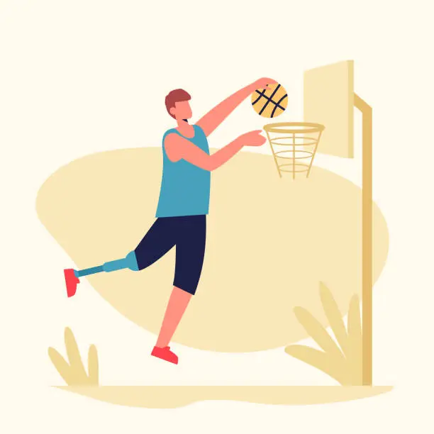 Vector illustration of Male with prosthetic leg playing basketball. Man with special needs actively spending time