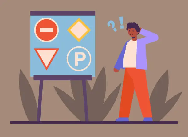 Vector illustration of Male study road signs and pass test. Stages of learning at driving school
