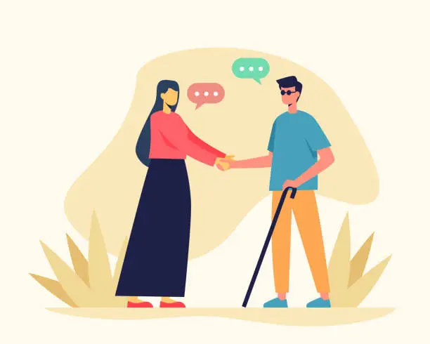 Vector illustration of Blind man shaking hands to female and talking outside