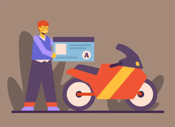 Vector illustration of Young man gets motorcycle license, ready to drive. Passing driving test concept