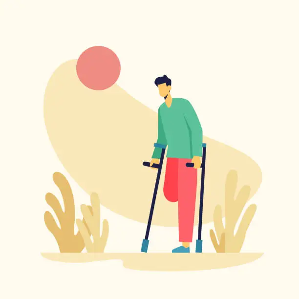 Vector illustration of Male without leg walking outside. People with special needs undergoing rehabilitation