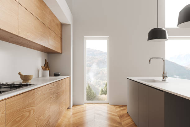 istock White and wooden kitchen interior with bar counter and shelves with window 1816627537