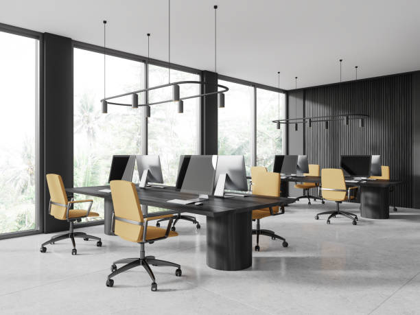 istock Gray and wooden open space office corner 1816629163