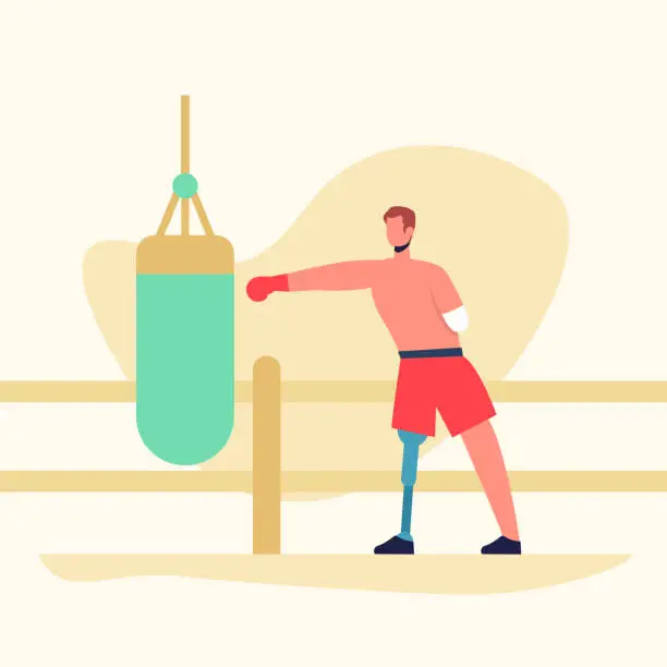 Vector illustration of Young man with prosthetic leg playing boxing. Human with special needs actively spend free time