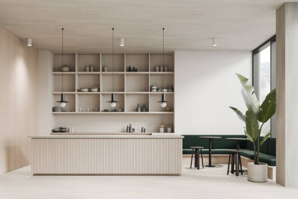 istock White and wooden cafe interior with bar and sofa 1816629703