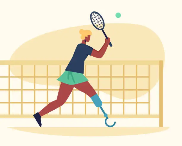 Vector illustration of Young sporty female with prosthetic leg playing tennis