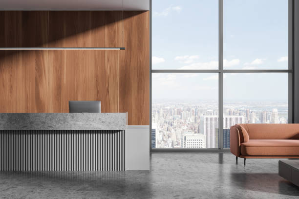 istock Minimalist office reception interior desk and waiting space, panoramic window 1816631306