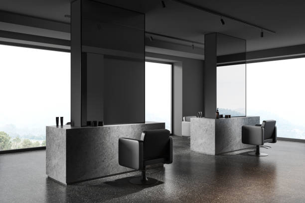 istock Grey modern barbershop with chairs and mirror, accessories and window 1816631436