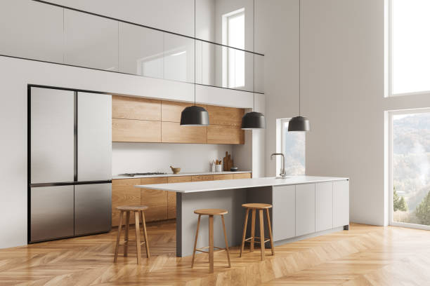 istock Stylish home kitchen interior with bar counter and cooking zone 1816634571