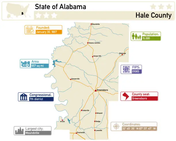 Vector illustration of Map of Hale County in Alabama USA.
