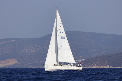 Sailboat under Full Sail at Adriatic Sea near the Island of Murter, Dalmatia, Croatia