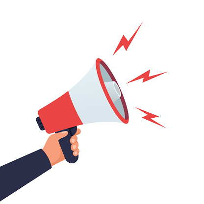 Attention please. Hand hold megaphone. Speaker, loudspeaker. Advertising and promotion symbol. Bullhorn cartoon. Social media marketing concept. Vector illustration flat design. Landing page template.