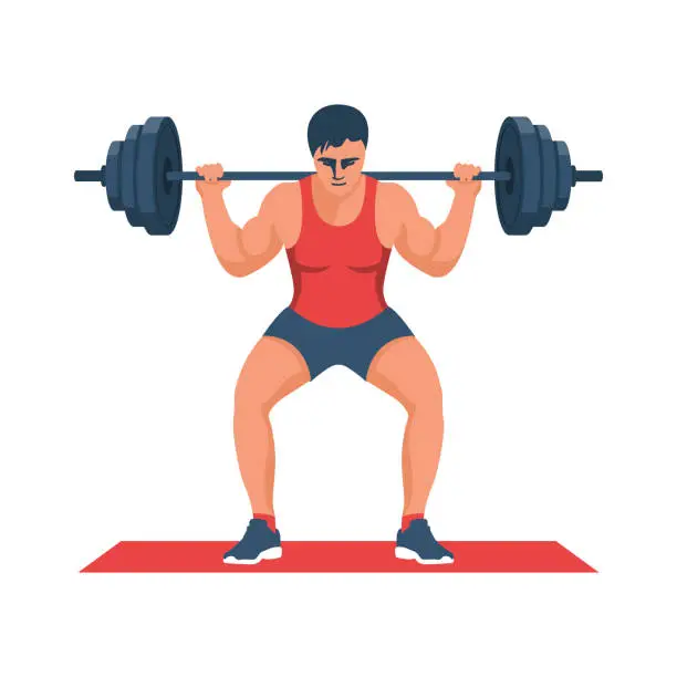Vector illustration of The athlete lifts the barbell. Weight in muscular hand. Bodybuilder in training.