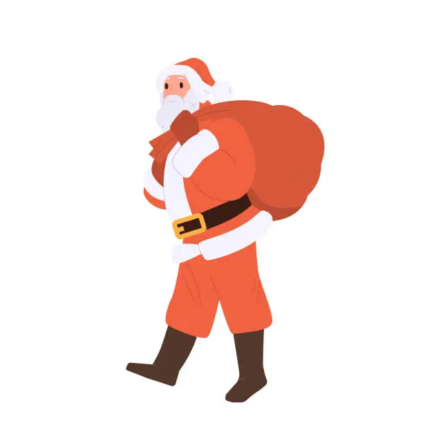 Vector illustration of Funny happy Santa Claus cartoon character in red traditional costume carrying red sack with gifts