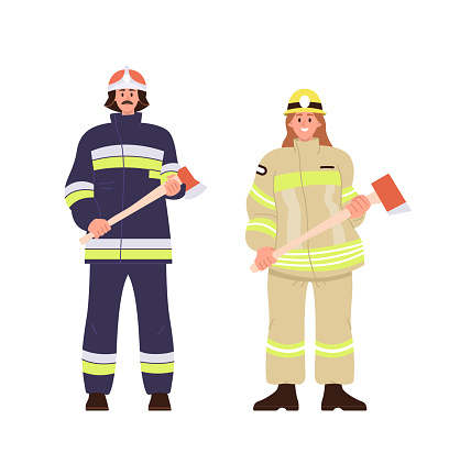 Young adult man and woman firefighter cartoon characters wearing protective uniform isolated on white background. Important people job occupation vector illustration. Firewoman and fireman personage