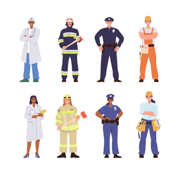 Vector illustration of Important people job occupation, professional man woman of safety rescue service vector illustration