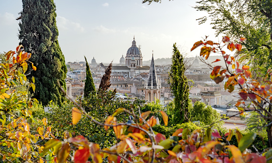 Roma cityscape in November framed by trees, seen from Viale del Belvedere