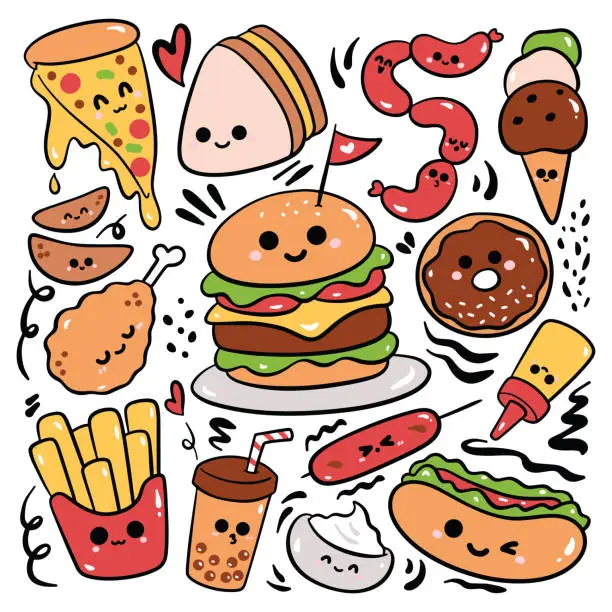 Vector illustration of Kawaii American Food Hand Drawn Doodle