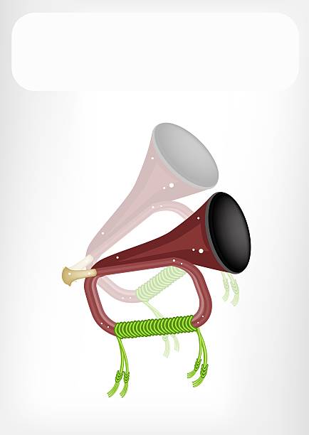 musical signalhorn mit einem weißen banner - army backgrounds bugle cavalry stock-grafiken, -clipart, -cartoons und -symbole