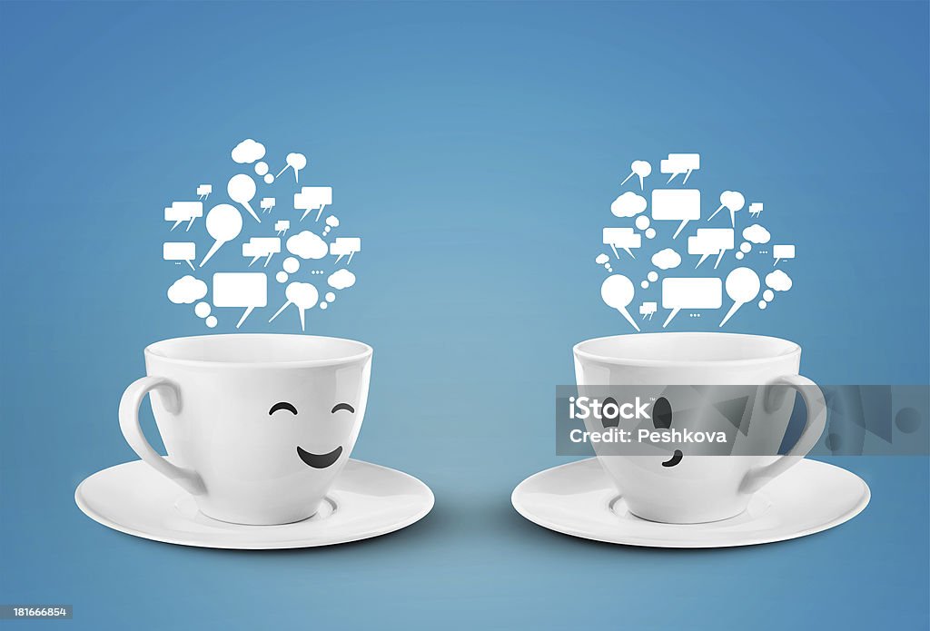 two happy cup two happy cups with speech bubbles Ceramics Stock Photo