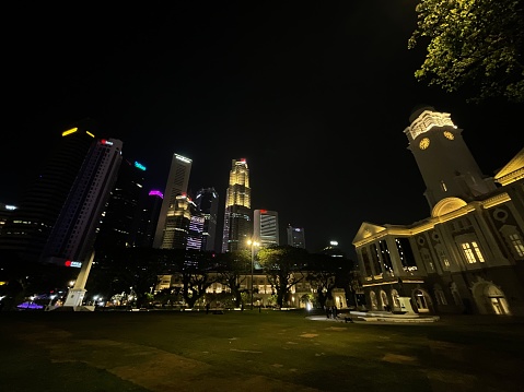 Cityscape  of  Singapore Chinatown  and downtown district  from above at dusk