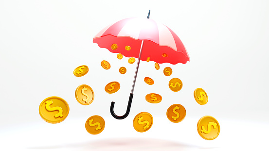 Umbrella On Top Of Coin Stacks Before Blue Financial Graph. Finance And Economy Concept.