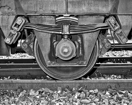 Detail of a Railway wagon wheel. Film scan.