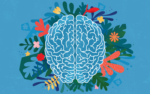 Vector illustration created from paper cuts, hand drawn elements and handmade textures representing blooming human brain concept.