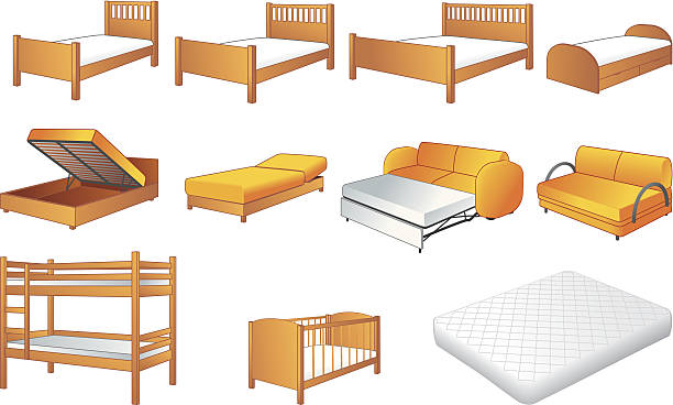 Bedroom furniture set, vector illustration Various bedroom furniture: bed, cot, couch with adjustable back, sofa, unfolded sofa-bed, platform storage bed, bunk-bed, mattress sofa bed stock illustrations