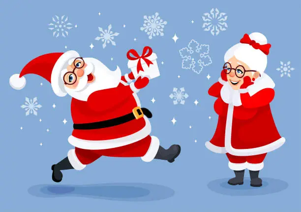 Vector illustration of Santa Claus dashing with a gift in hand toward Mrs. Claus.