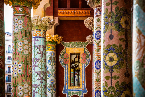 Barcelona, Spain - January 24, 2015: The Palau de la Música Catalana is an architectural gem and concert hall in Barcelona. Designed by Lluís Domènech i Montaner, it was completed in 1908 and is a masterpiece of Catalan modernism.

Each column in the Palau pays homage to a specific musical genre, from opera to folk and choral music.
