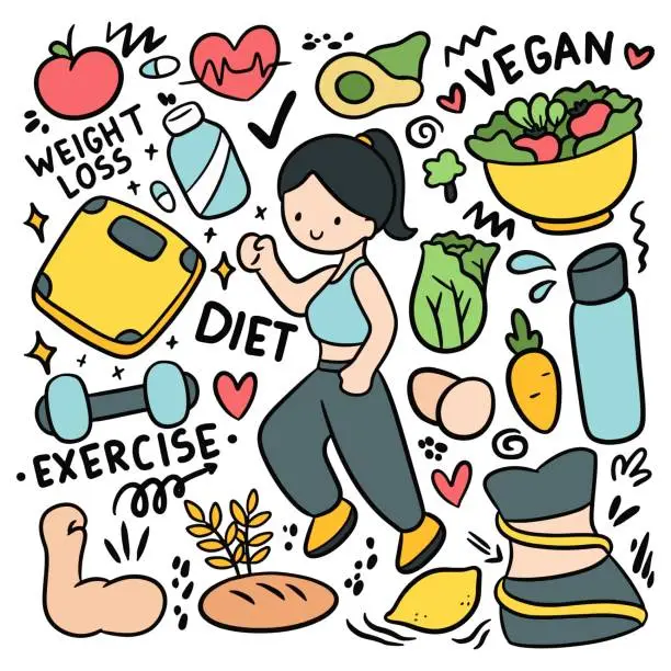 Vector illustration of Hand Drawn Diet Doodle Set, Exercise and Healthy Food Vector Clipart