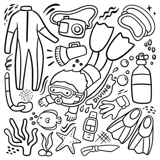 Vector illustration of Set of Cartoon Diver and Equipment in Doodle Style Vector