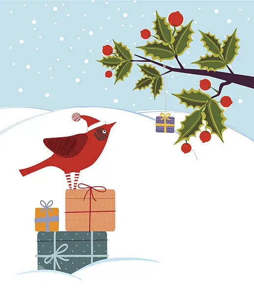 Vector illustration of Cardinal, Holly Tree, Winter, Gift Box