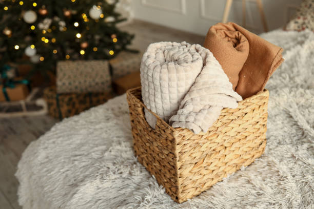 istock Wicker basket with cozy blankets, home mood 1816717316
