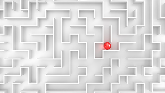 White labyrinth maze and red sphere. Lost in labyrinth. Finding and looking for a solution, change your life, leadership concept 3d illustration.