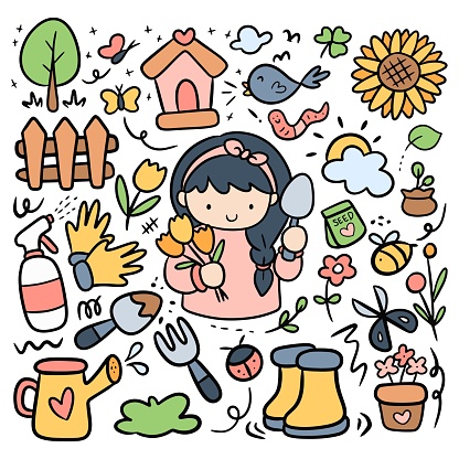 Cartoon Gardening in Kawaii Doodle Style Vector Clip Art