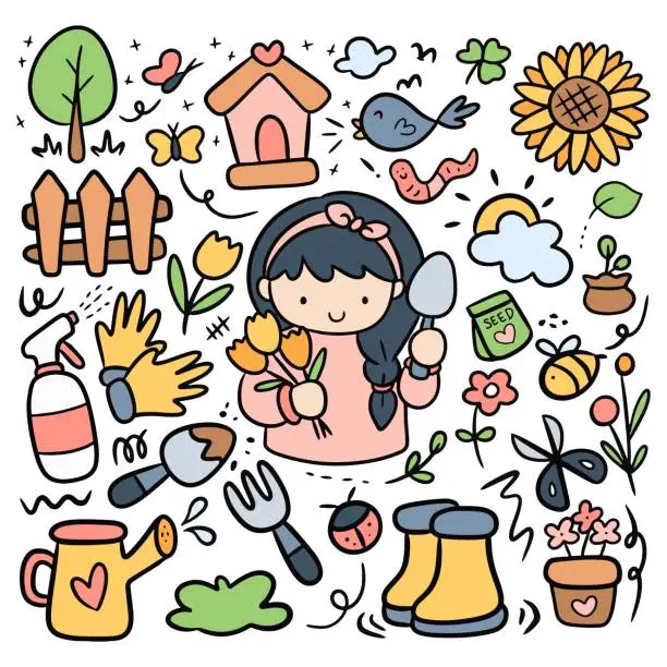 Vector illustration of Cartoon Gardening in Kawaii Doodle Style Vector Clip Art