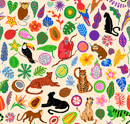 jungle animals plants fruits leaves seamless pattern, vector illustration