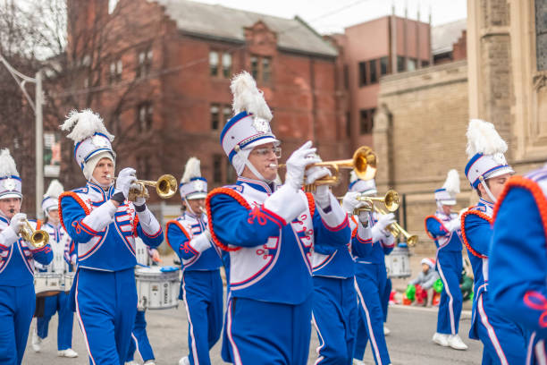 Chicago, Illinois, USA - August 8, 2019: The Bud Billiken Parade, Members of the Kenwood High School Marching Band, performing at the parade
