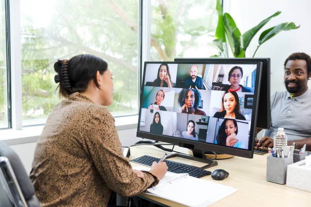 istock Unrecognizable businesswoman sits through virtual meeting 1816744402