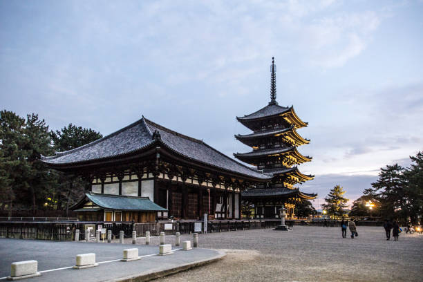 majestic five-story pagoda captured in enchanting cloudy weather - 興福寺 奈良 個照片及圖片檔